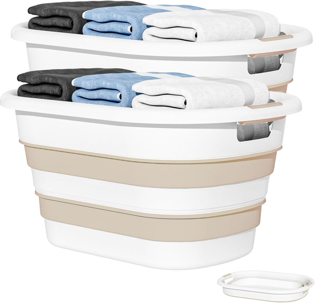 OOAMBB Large Collapsible Laundry Basket - Beige, 2 Pack image 1