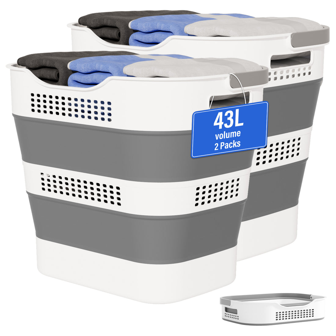OOAMBB 43L Large Foldable Laundry Basket - Grey, 2 Pack main image
