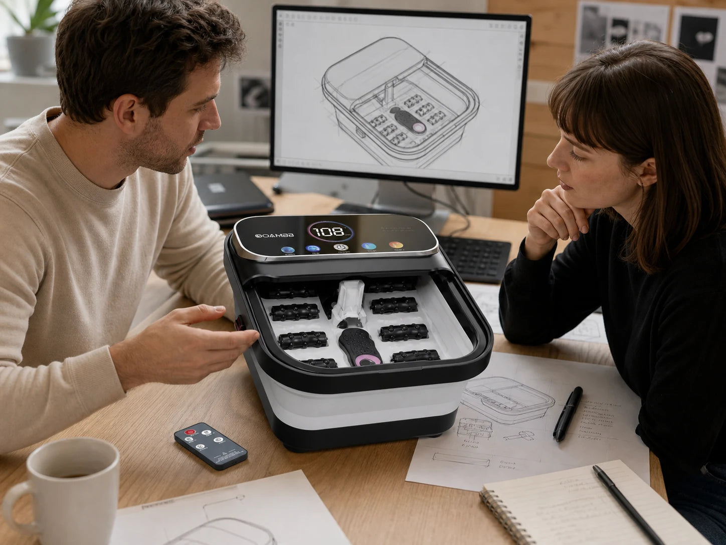 OOAMBB product designers reviewing a foot spa