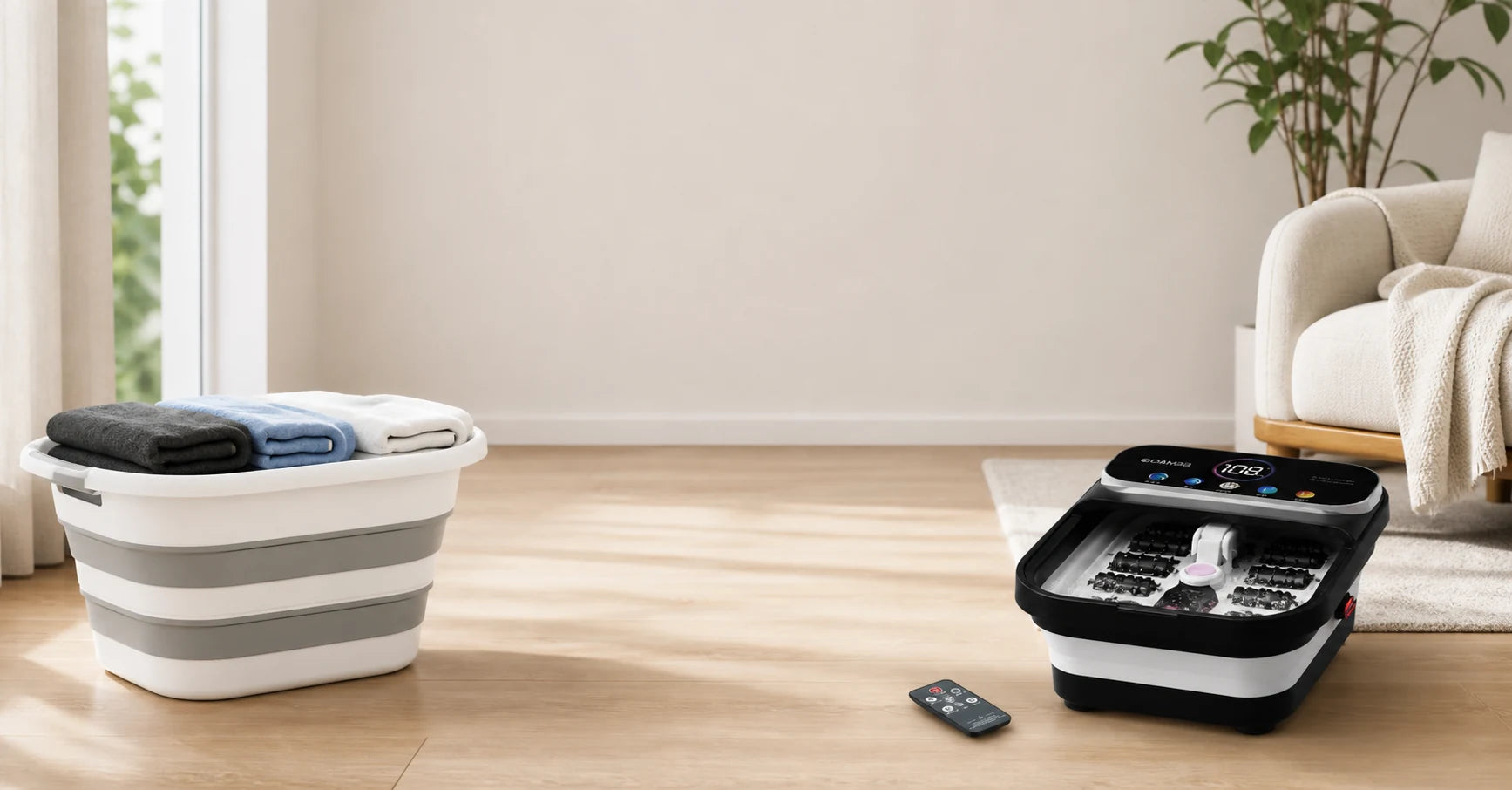 OOAMBB collapsible laundry basket and remote control foot spa in a warm home